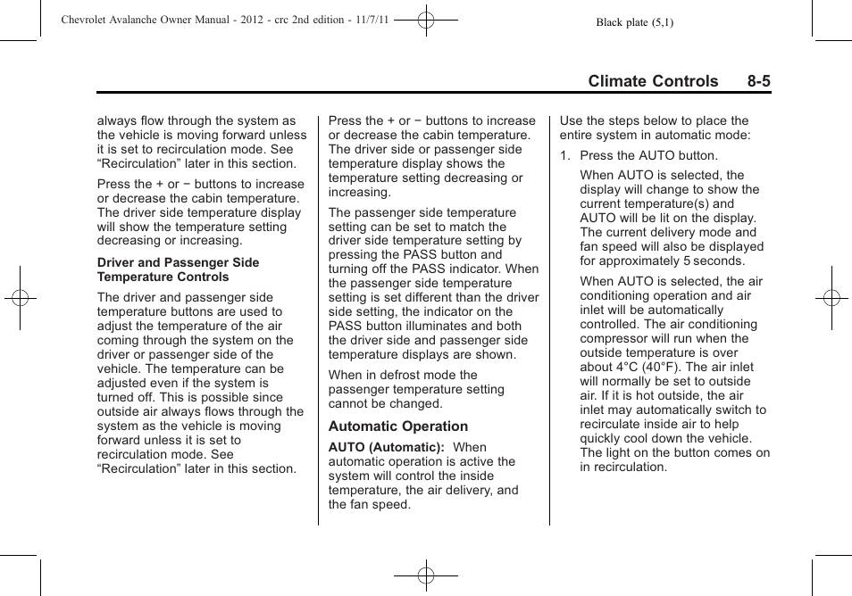Climate controls 8-5 | CHEVROLET 2012 Avalanche User Manual | Page 245 / 488
