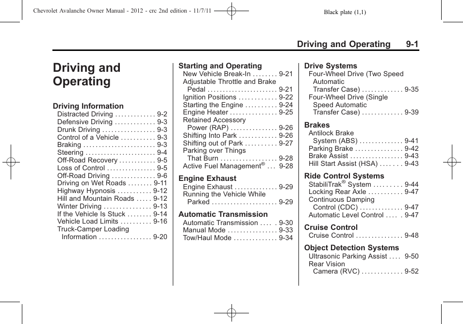 Driving and operating, Driving and operating 9-1 | CHEVROLET 2012 Avalanche User Manual | Page 251 / 488