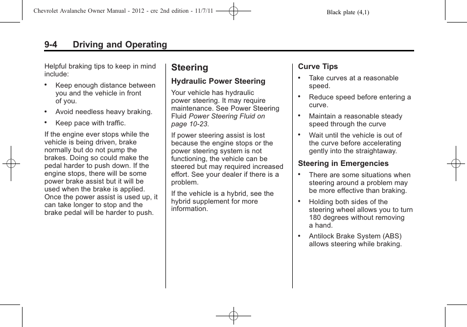 Steering, Steering -4, Parking | 4 driving and operating | CHEVROLET 2012 Avalanche User Manual | Page 254 / 488