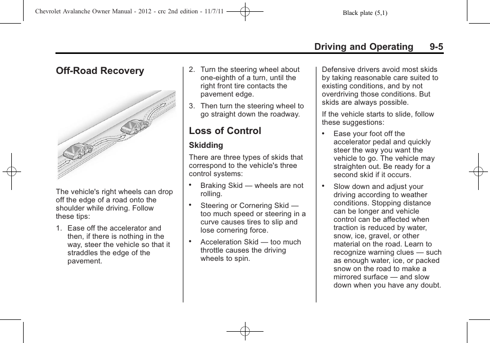 Off-road recovery, Loss of control, Off-road recovery -5 loss of control -5 | Driving and operating 9-5 | CHEVROLET 2012 Avalanche User Manual | Page 255 / 488