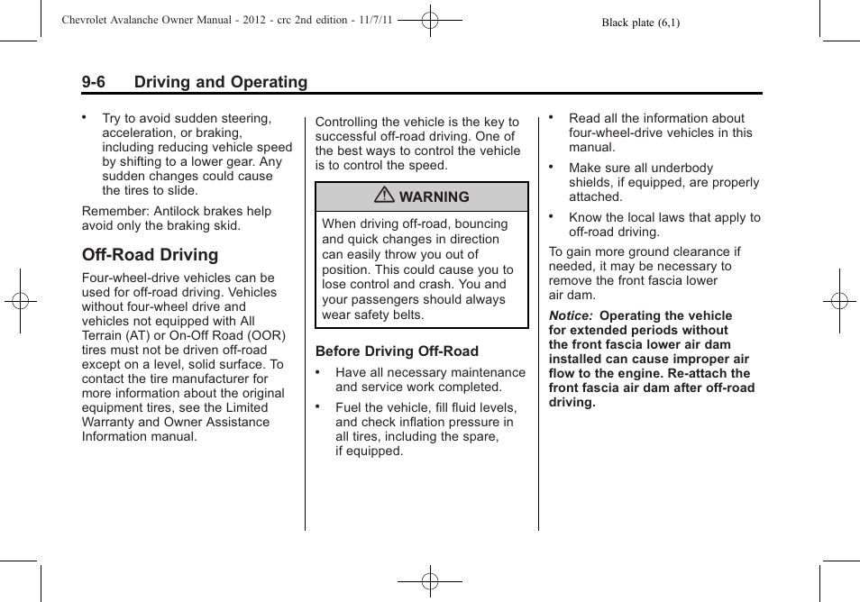 Off-road driving, Off-road driving -6, Engine exhaust | 6 driving and operating | CHEVROLET 2012 Avalanche User Manual | Page 256 / 488