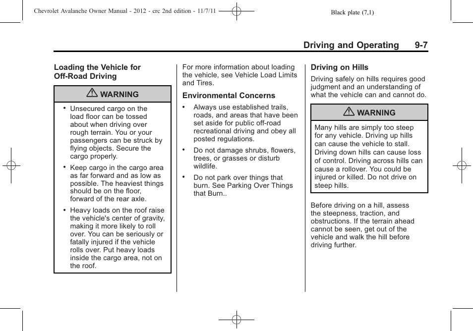 Driving and operating 9-7 | CHEVROLET 2012 Avalanche User Manual | Page 257 / 488