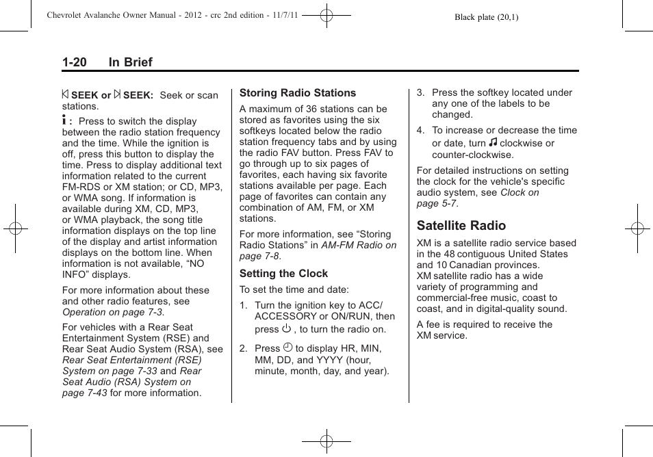 Satellite radio, Radio -20 | CHEVROLET 2012 Avalanche User Manual | Page 26 / 488