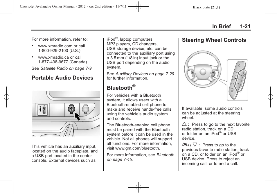 Portable audio devices, Bluetooth, Steering wheel controls | Portable audio devices -21 bluetooth, Steering wheel controls -21 | CHEVROLET 2012 Avalanche User Manual | Page 27 / 488
