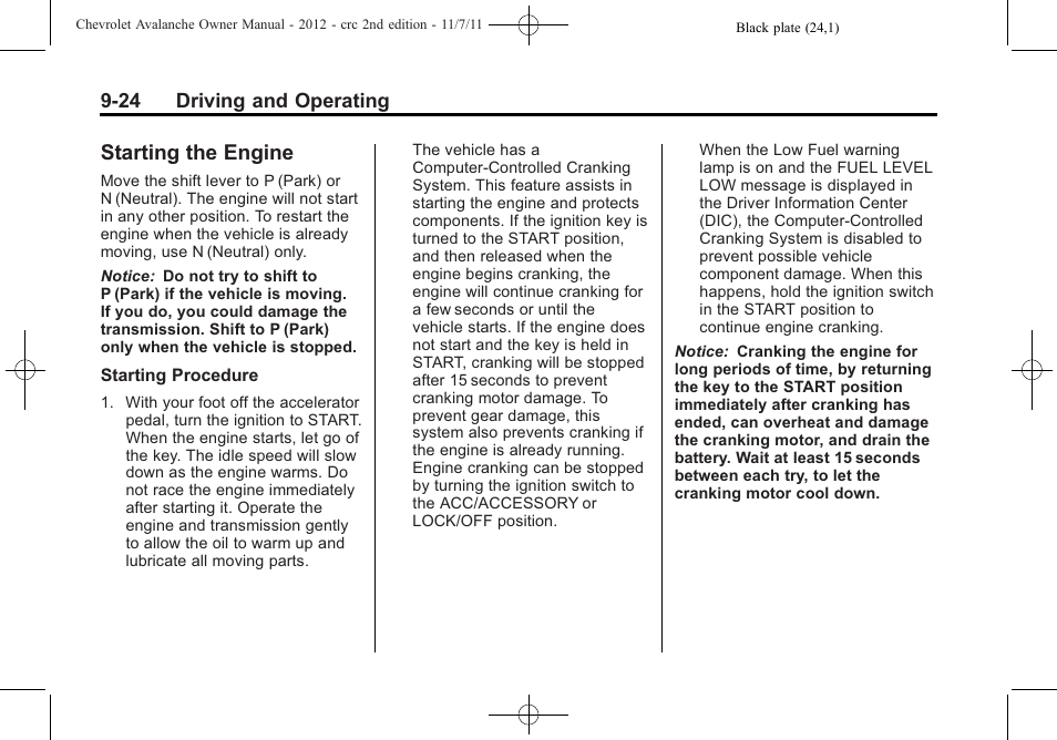 Starting the engine, Starting the engine -24 | CHEVROLET 2012 Avalanche User Manual | Page 274 / 488