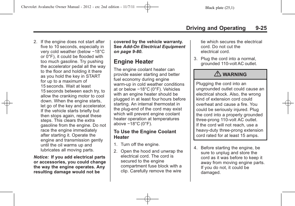 Engine heater, Engine heater -25 | CHEVROLET 2012 Avalanche User Manual | Page 275 / 488