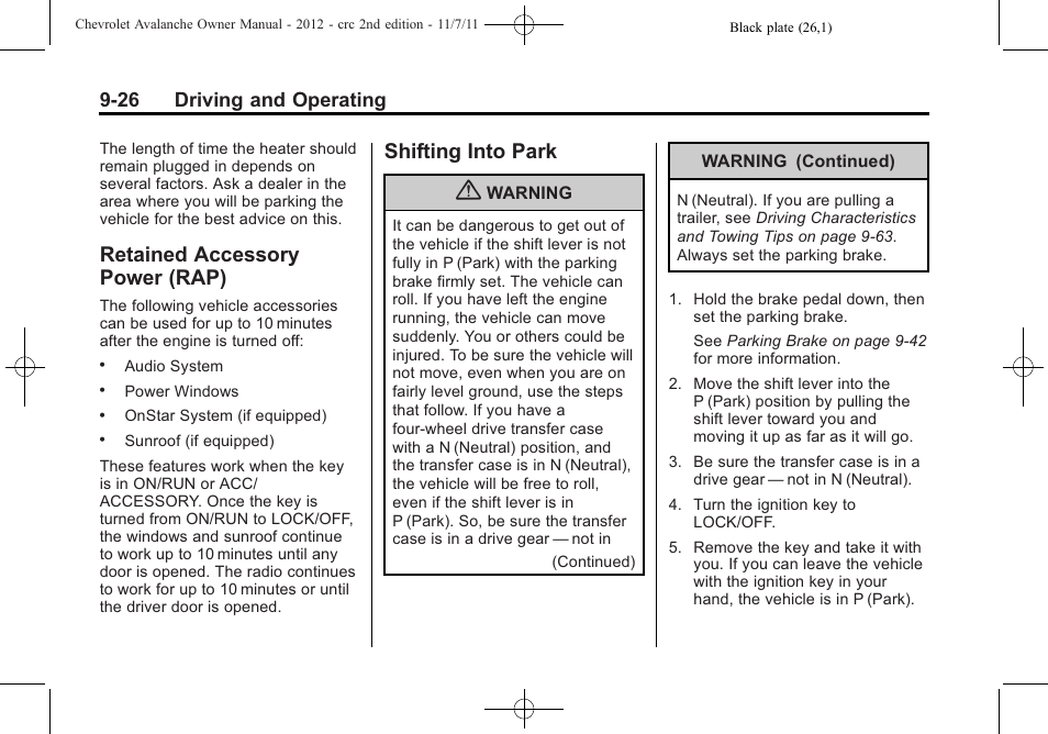 Retained accessory power (rap), Shifting into park, Retained accessory | Power (rap) -26, Shifting into park -26, Antilock, 26 driving and operating | CHEVROLET 2012 Avalanche User Manual | Page 276 / 488