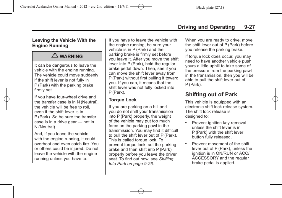 Shifting out of park, Shifting out of park -27 | CHEVROLET 2012 Avalanche User Manual | Page 277 / 488