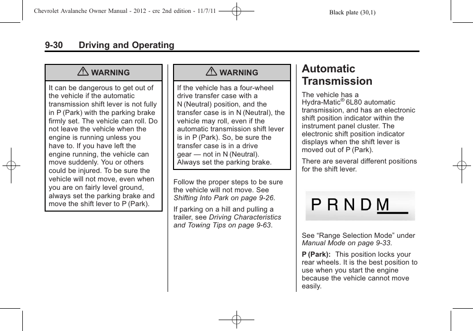 Automatic transmission, Automatic, Automatic transmission -30 | CHEVROLET 2012 Avalanche User Manual | Page 280 / 488