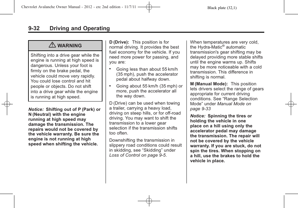 32 driving and operating | CHEVROLET 2012 Avalanche User Manual | Page 282 / 488