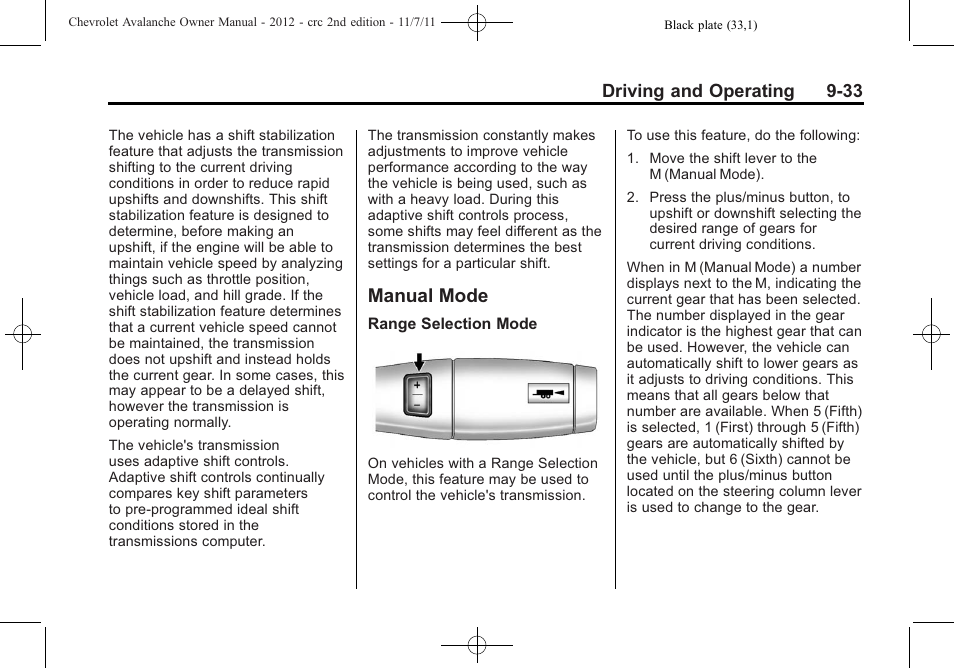 Manual mode, Manual mode -33, Cruise | CHEVROLET 2012 Avalanche User Manual | Page 283 / 488