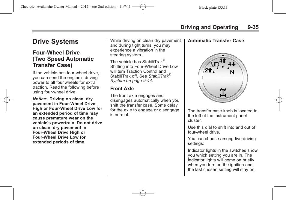Drive systems, Drive systems -35, Four-wheel drive (two speed | Automatic transfer case) -35, Driving and operating 9-35 | CHEVROLET 2012 Avalanche User Manual | Page 285 / 488