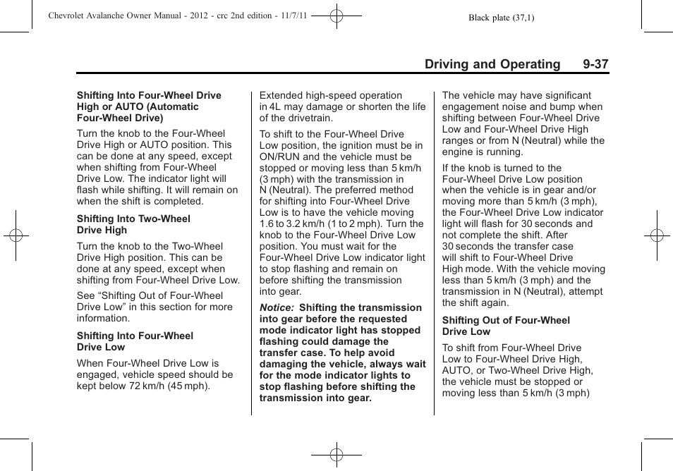 Driving and operating 9-37 | CHEVROLET 2012 Avalanche User Manual | Page 287 / 488