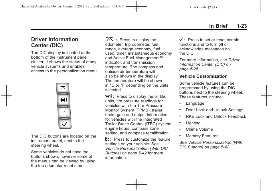 Driver information center (dic), Driver information, Center (dic) -23 | CHEVROLET 2012 Avalanche User Manual | Page 29 / 488