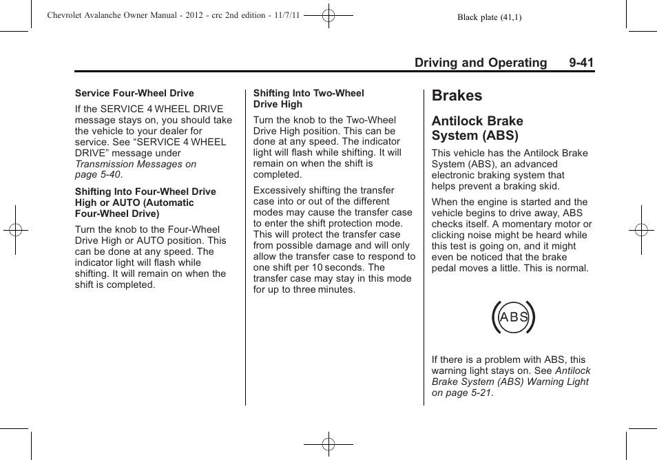 Brakes, Antilock brake system (abs), Brakes -41 | Brake, System (abs) -41 | CHEVROLET 2012 Avalanche User Manual | Page 291 / 488