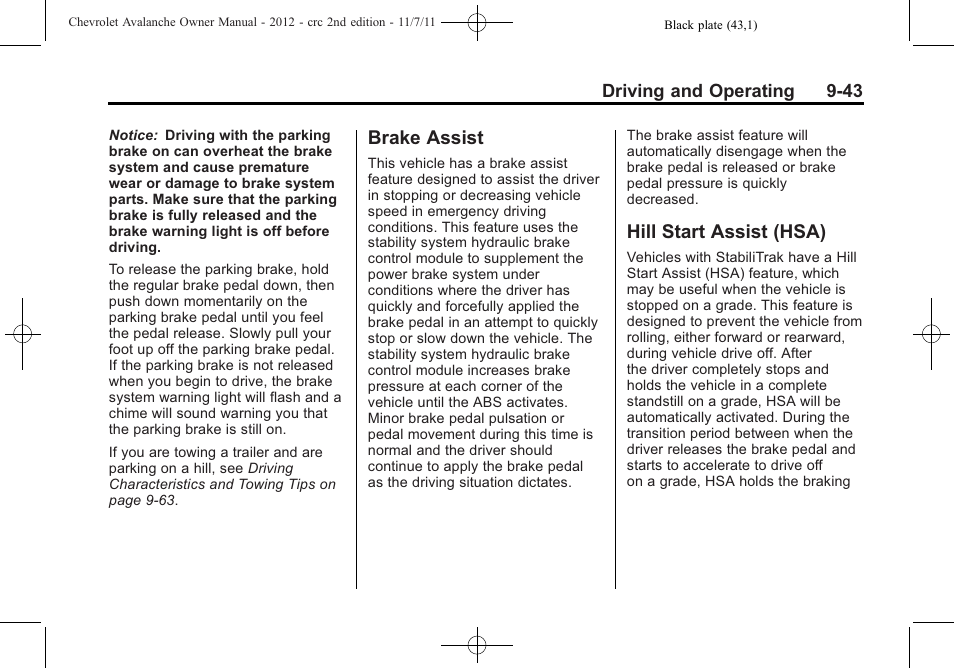 Brake assist, Hill start assist (hsa), Brake assist -43 hill start assist (hsa) -43 | CHEVROLET 2012 Avalanche User Manual | Page 293 / 488