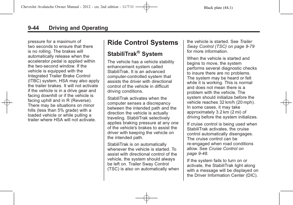 Ride control systems, Stabilitrak® system, Stabilitrak | System on, System -44, System | CHEVROLET 2012 Avalanche User Manual | Page 294 / 488