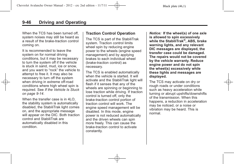 46 driving and operating | CHEVROLET 2012 Avalanche User Manual | Page 296 / 488