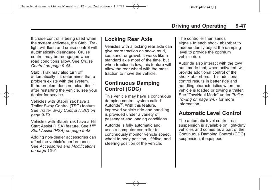 Locking rear axle, Continuous damping control (cdc), Automatic level control | Locking rear axle -47 continuous damping, Control (cdc) -47, Automatic level control -47 | CHEVROLET 2012 Avalanche User Manual | Page 297 / 488