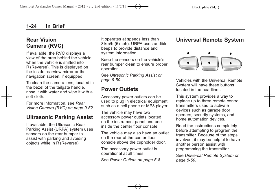 Rear vision camera (rvc), Ultrasonic parking assist, Power outlets | Universal remote system, Vision, Camera (rvc) -24 | CHEVROLET 2012 Avalanche User Manual | Page 30 / 488