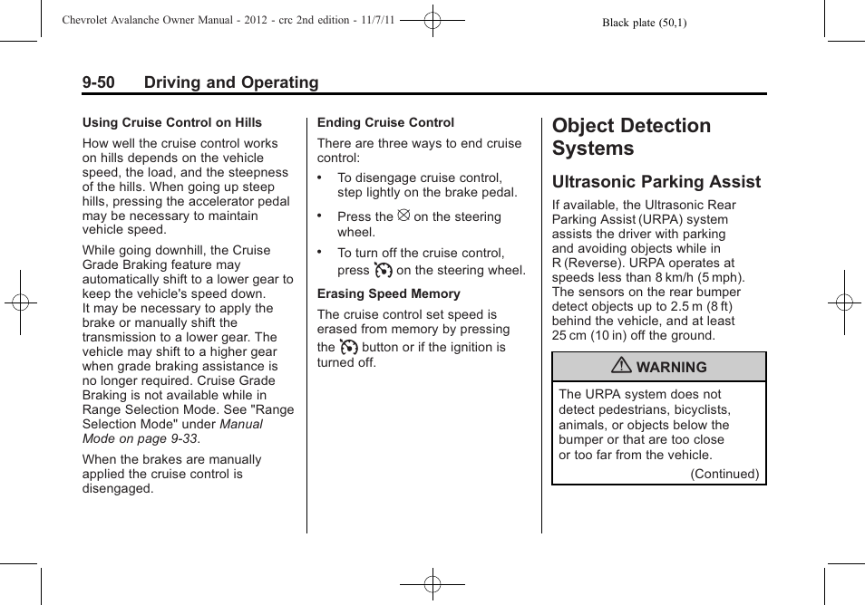 Object detection systems, Ultrasonic parking assist, Object detection systems -50 | Service and maintenance, Ultrasonic parking assist -50 | CHEVROLET 2012 Avalanche User Manual | Page 300 / 488