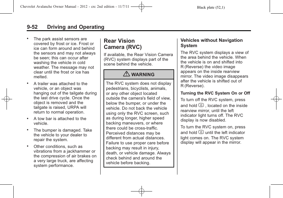 Rear vision camera (rvc), Rear vision, Camera (rvc) -52 | 52 driving and operating | CHEVROLET 2012 Avalanche User Manual | Page 302 / 488