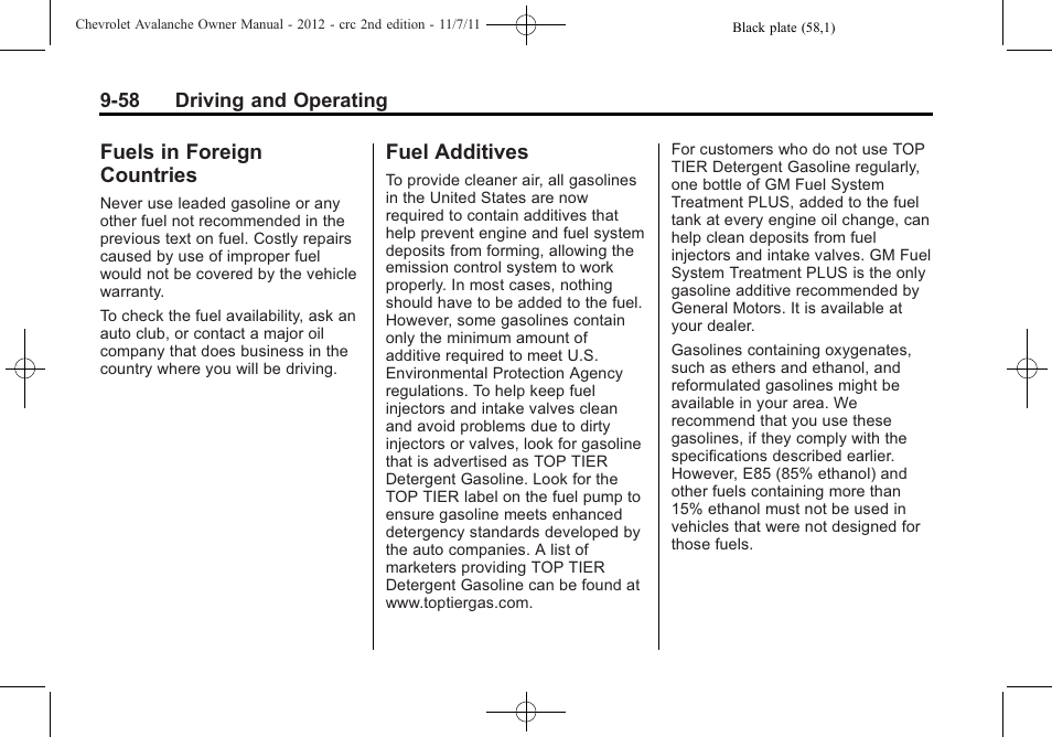 Fuels in foreign countries, Fuel additives, Fuels in foreign countries -58 fuel additives -58 | CHEVROLET 2012 Avalanche User Manual | Page 308 / 488