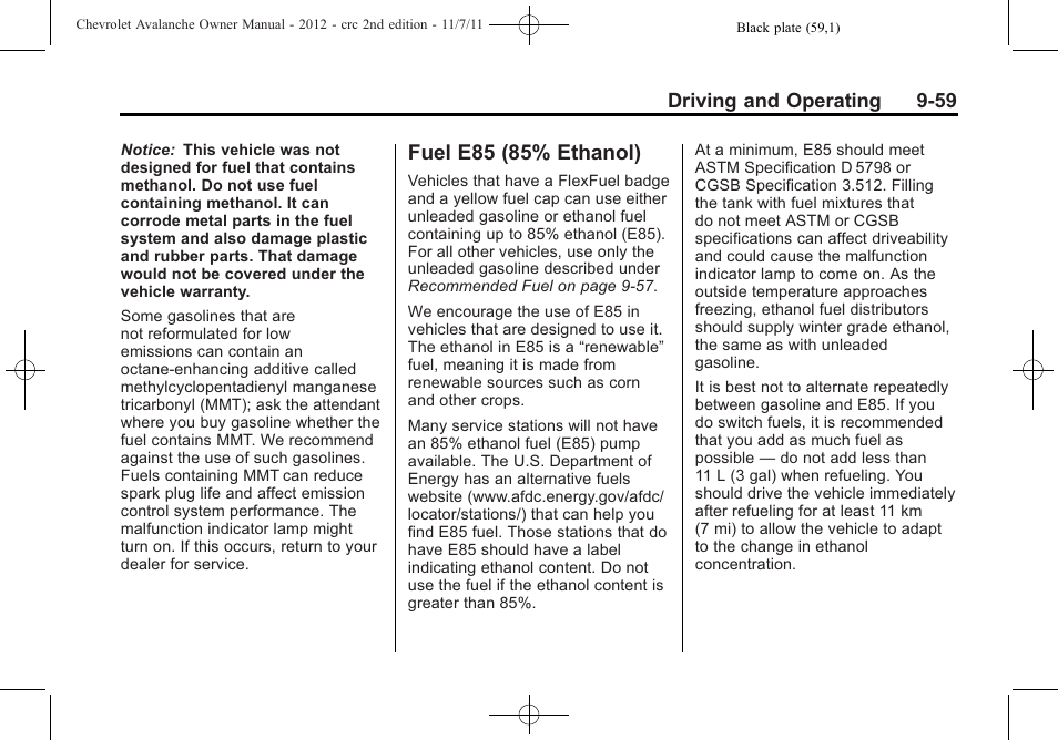 Fuel e85 (85% ethanol), Fuel e85 (85% ethanol) -59 | CHEVROLET 2012 Avalanche User Manual | Page 309 / 488