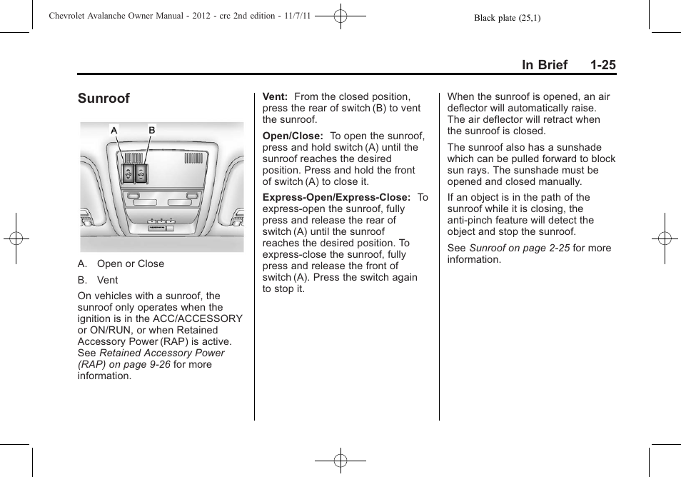 Sunroof, Sunroof -25 | CHEVROLET 2012 Avalanche User Manual | Page 31 / 488