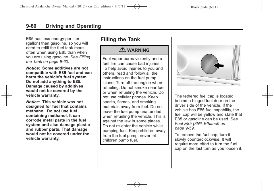 Filling the tank, Filling the tank -60 | CHEVROLET 2012 Avalanche User Manual | Page 310 / 488