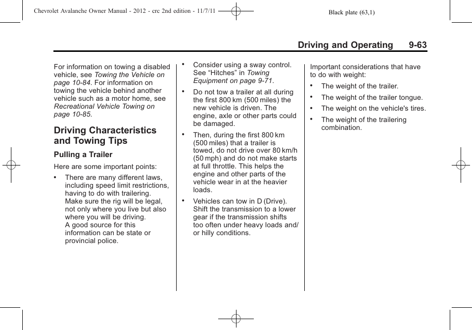 Driving characteristics and towing tips, Driving characteristics and, Towing tips -63 | Do not use a phone, Driving and operating 9-63 | CHEVROLET 2012 Avalanche User Manual | Page 313 / 488