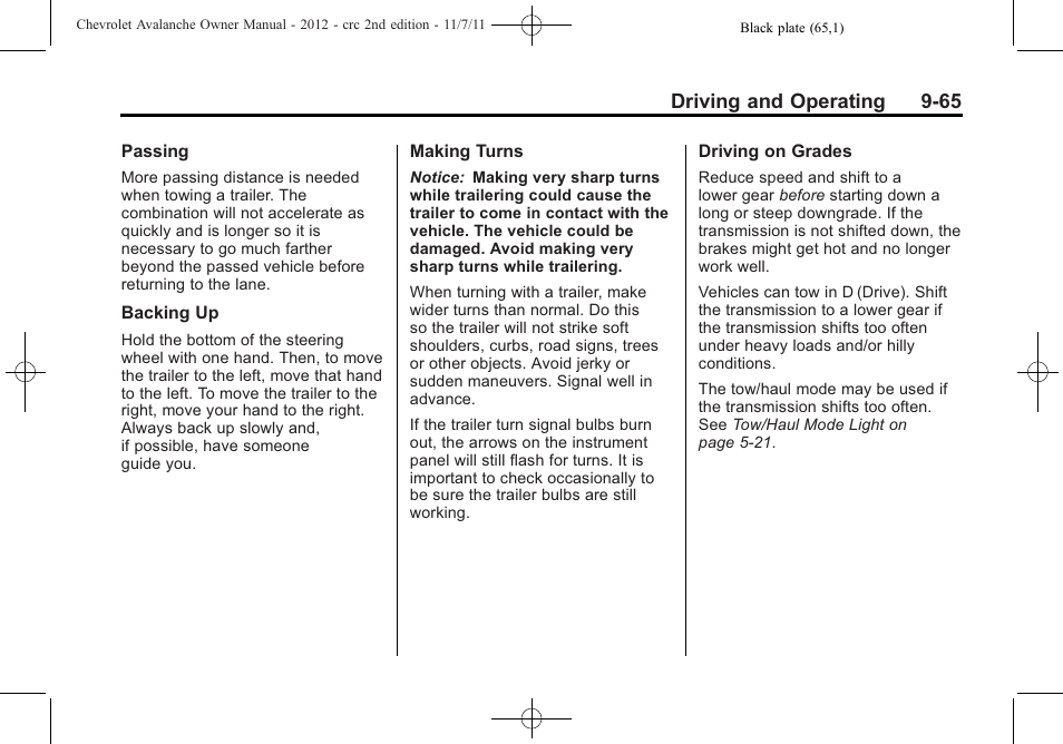 Driving and operating 9-65 | CHEVROLET 2012 Avalanche User Manual | Page 315 / 488