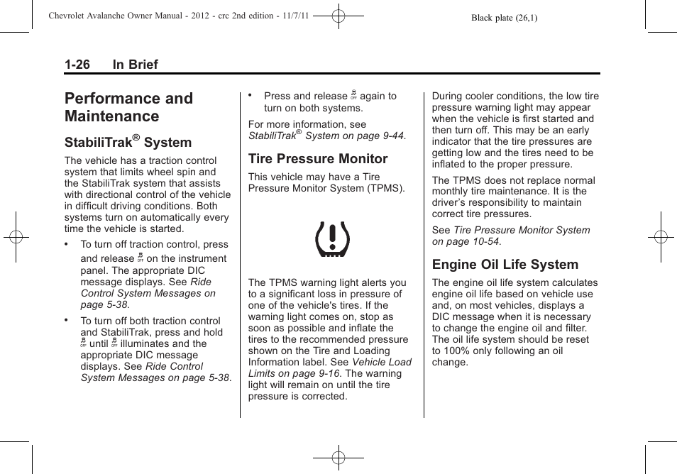 Performance and maintenance, Stabilitrak® system, Tire pressure monitor | Engine oil life system, Performance and, Maintenance -26, Storage compartments, Stabilitrak, System -26, System | CHEVROLET 2012 Avalanche User Manual | Page 32 / 488