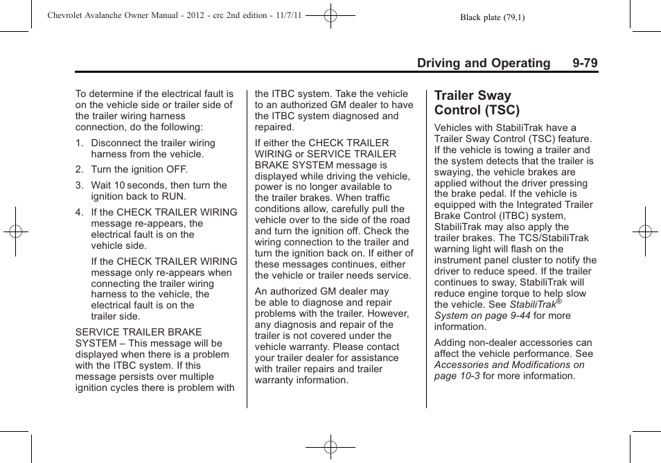 Trailer sway control (tsc), Trailer sway, Control (tsc) -79 | Driving and operating 9-79 | CHEVROLET 2012 Avalanche User Manual | Page 329 / 488