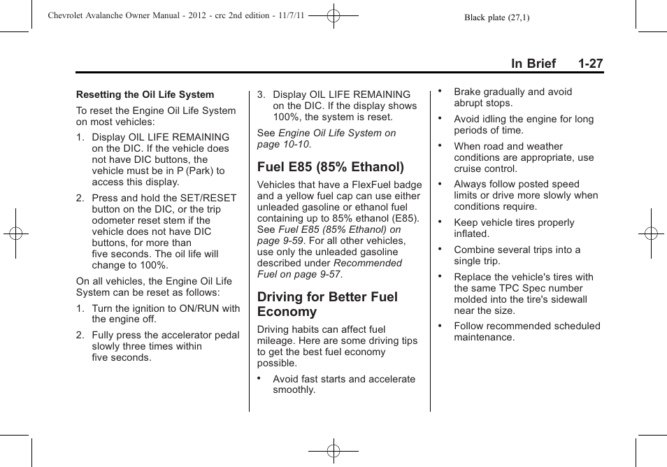 Fuel e85 (85% ethanol), Driving for better fuel economy, Fuel e85 (85% ethanol) -27 driving for better fuel | Economy -27 | CHEVROLET 2012 Avalanche User Manual | Page 33 / 488
