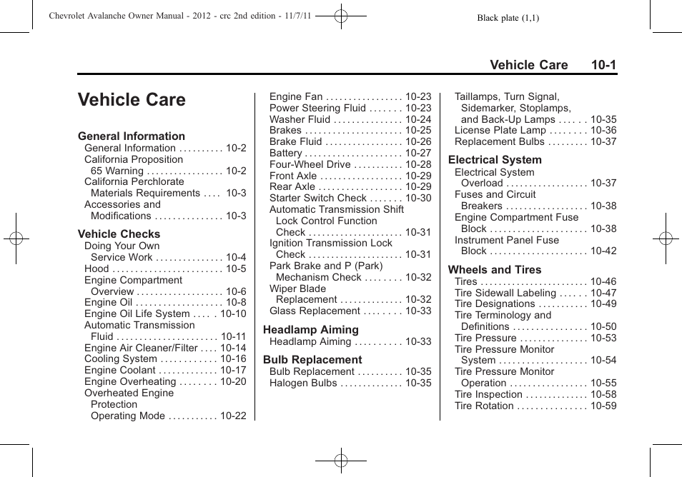 Vehicle care, Vehicle care -1, Vehicle care 10-1 | CHEVROLET 2012 Avalanche User Manual | Page 331 / 488
