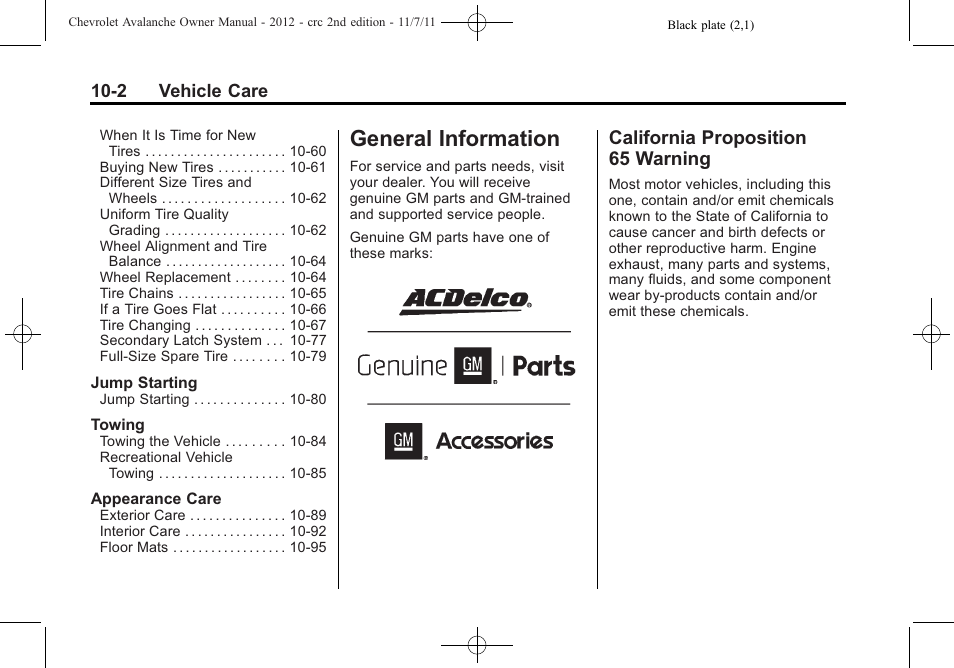General information, California proposition 65 warning, General information -2 | General information -2 california proposition, 65 warning -2 | CHEVROLET 2012 Avalanche User Manual | Page 332 / 488