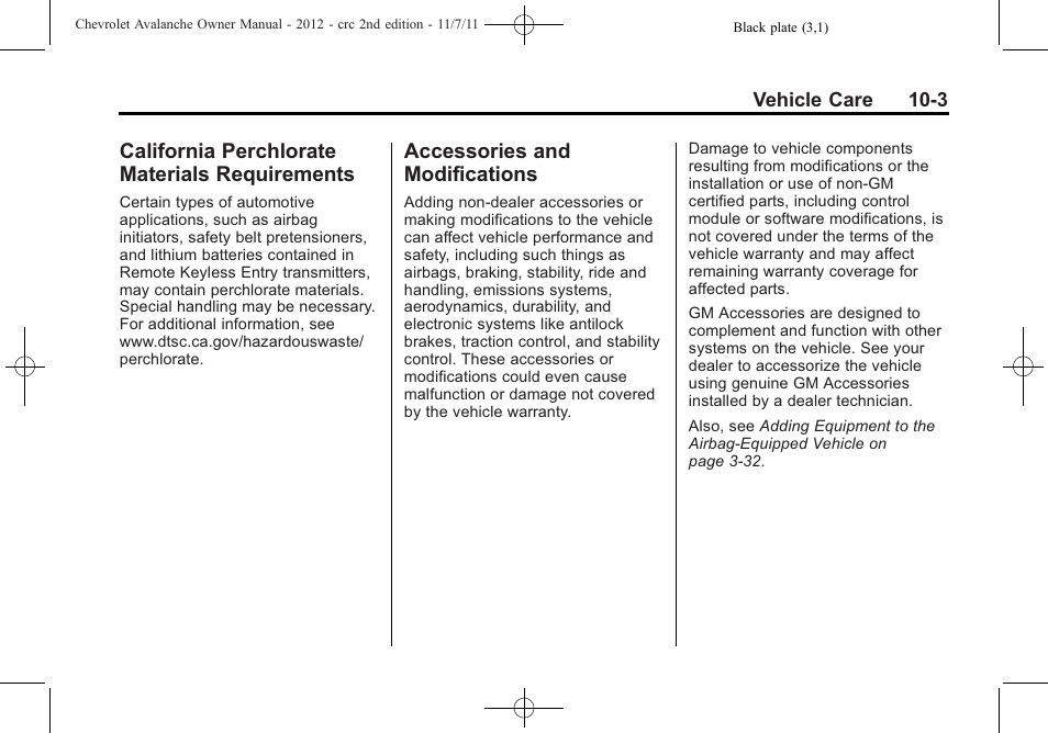 California perchlorate materials requirements, Accessories and modifications, California perchlorate | Materials requirements -3, Accessories and, Modifications -3 | CHEVROLET 2012 Avalanche User Manual | Page 333 / 488