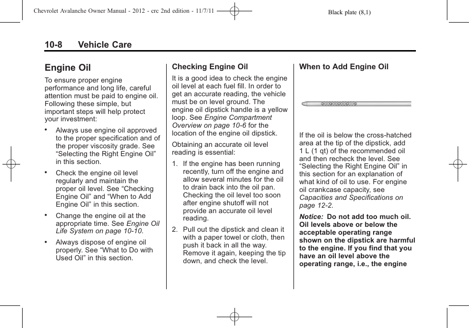 Engine oil, Engine oil -8, Replacement | 8 vehicle care | CHEVROLET 2012 Avalanche User Manual | Page 338 / 488