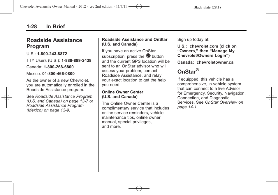 Roadside assistance program, Onstar, Roadside assistance | Program -28 | CHEVROLET 2012 Avalanche User Manual | Page 34 / 488