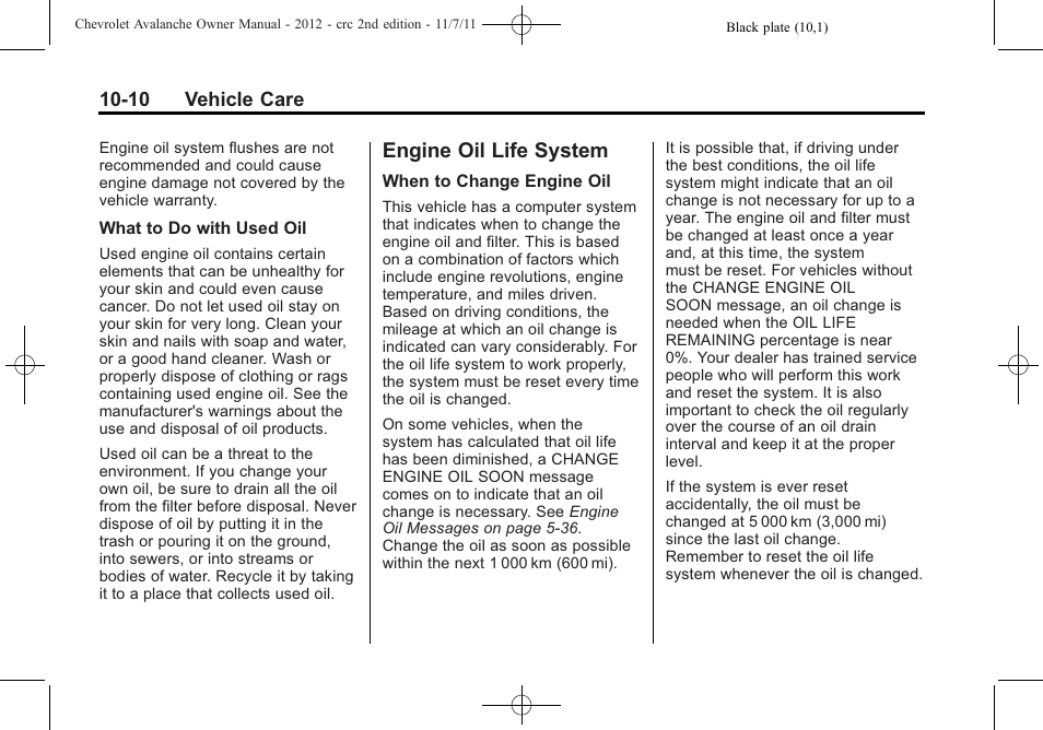 Engine oil life system, Engine oil life system -10, Glass | CHEVROLET 2012 Avalanche User Manual | Page 340 / 488