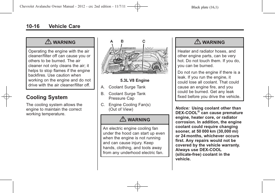 Cooling system, Cooling system -16 | CHEVROLET 2012 Avalanche User Manual | Page 346 / 488