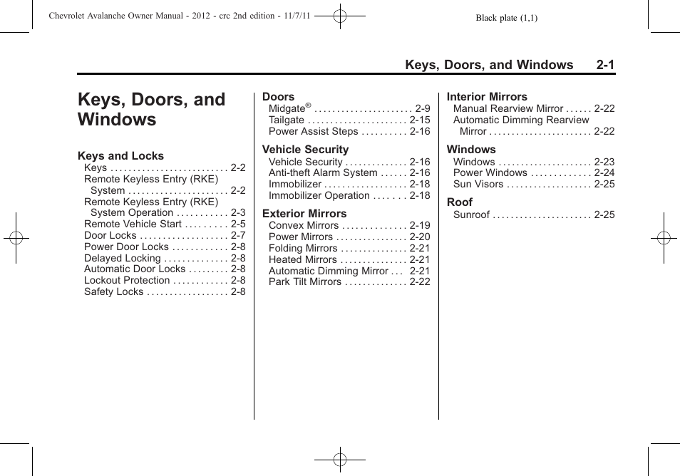 Keys, doors, and windows, Keys, doors, and, Windows -1 | CHEVROLET 2012 Avalanche User Manual | Page 35 / 488