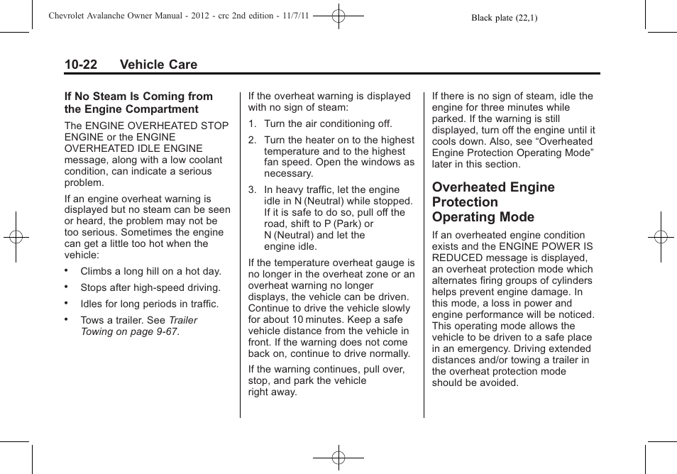 Overheated engine protection operating mode, Overheated engine, Protection operating mode -22 | 22 vehicle care | CHEVROLET 2012 Avalanche User Manual | Page 352 / 488