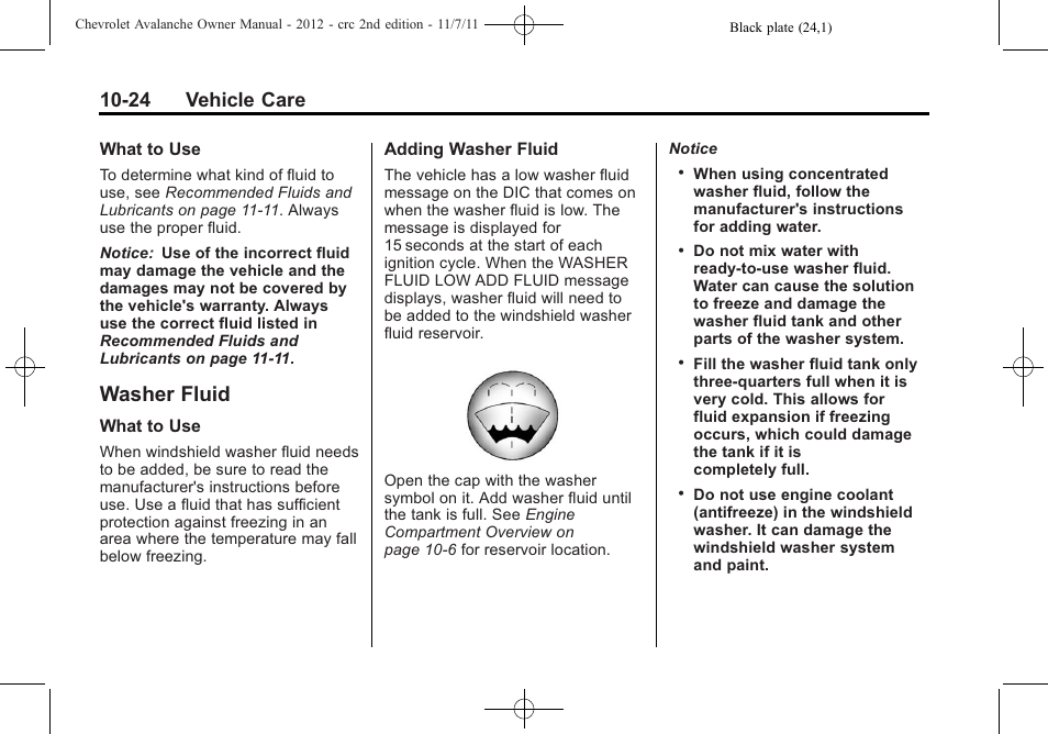 Washer fluid, Washer fluid -24, 24 vehicle care | CHEVROLET 2012 Avalanche User Manual | Page 354 / 488