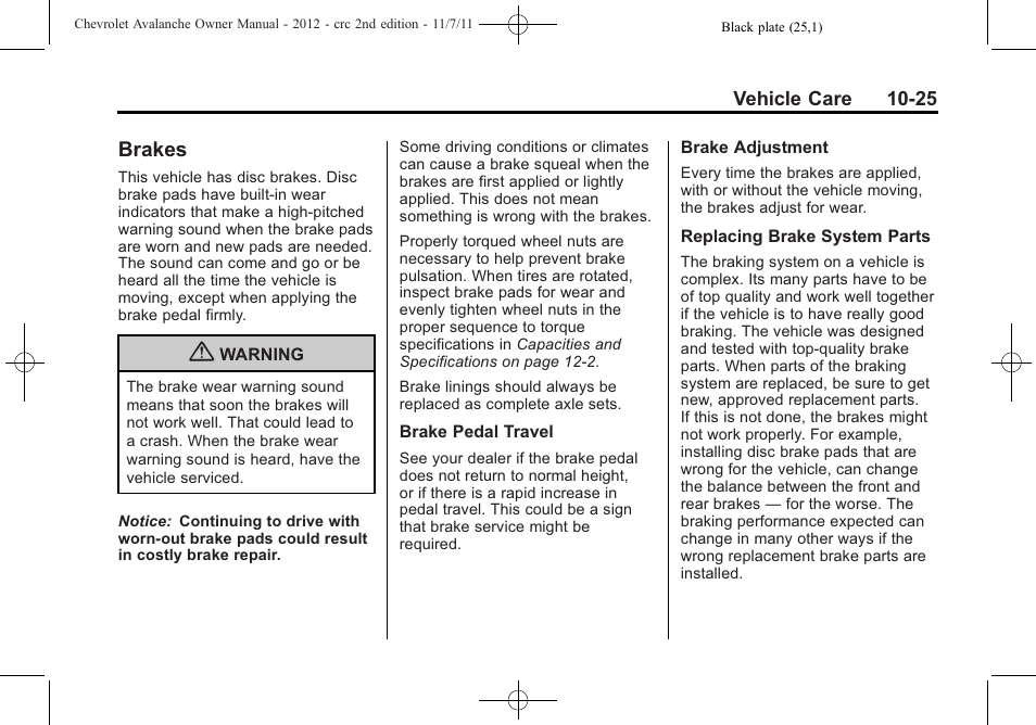 Brakes, Brakes -25, License | CHEVROLET 2012 Avalanche User Manual | Page 355 / 488