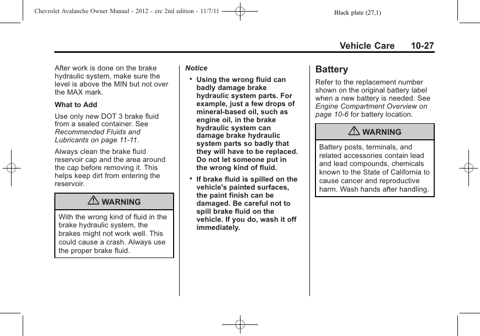 Battery, Battery -27 | CHEVROLET 2012 Avalanche User Manual | Page 357 / 488