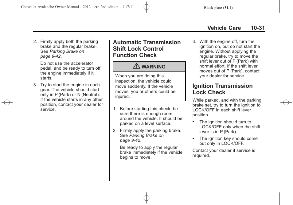 Ignition transmission lock check, Automatic transmission shift, Lock control function check -31 | Ignition transmission lock, Check -31 | CHEVROLET 2012 Avalanche User Manual | Page 361 / 488