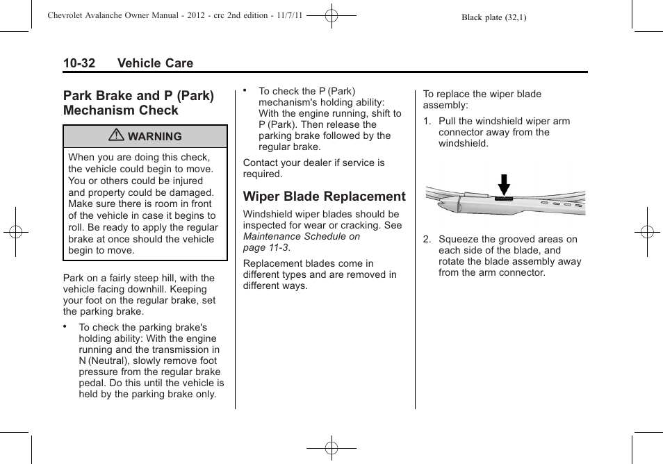 Park brake and p (park) mechanism check, Wiper blade replacement, Park brake and p (park) | Mechanism check -32, Wiper blade | CHEVROLET 2012 Avalanche User Manual | Page 362 / 488