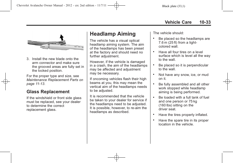 Glass replacement, Headlamp aiming, Headlamp aiming -33 | Replacement -33, Aiming -33, Vehicle care 10-33 | CHEVROLET 2012 Avalanche User Manual | Page 363 / 488